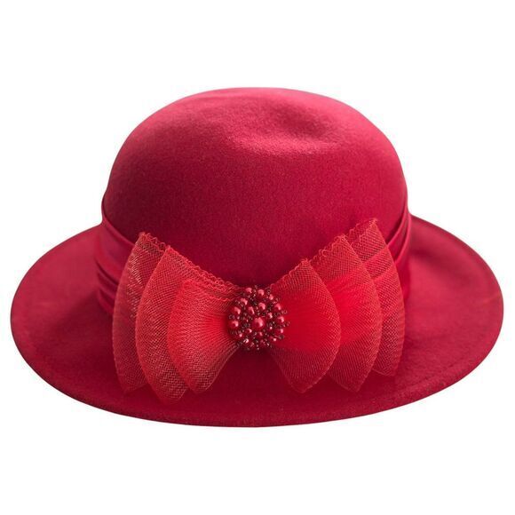 Vintage Kathy Jeanne Red 100% Wool Hat‎ With Bow  Made In The USA main image 4